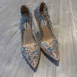 Steve Madden NOMAH Spiked Clear US 8 Heel Silver Studded Pointed Stiletto Pumps